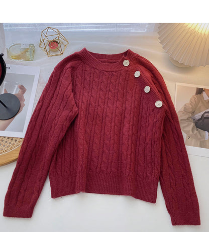 Design Sense personalisierter Diagonalknopf-Rundhals-Pullover mit vielseitigem Oberteil 6032