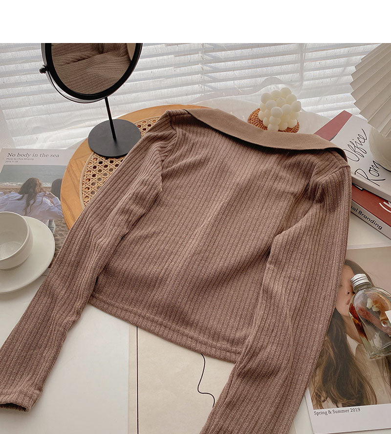 Simple casual short Lapel Pullover long sleeve top  6665