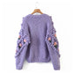 Cardigan à manches lanternes tissé à crochets à fleurs tridimensionnelles, manteau pull 7320