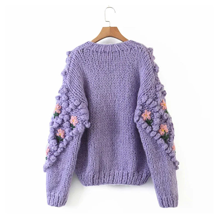 Cardigan à manches lanternes tissé à crochets à fleurs tridimensionnelles, manteau pull 7320