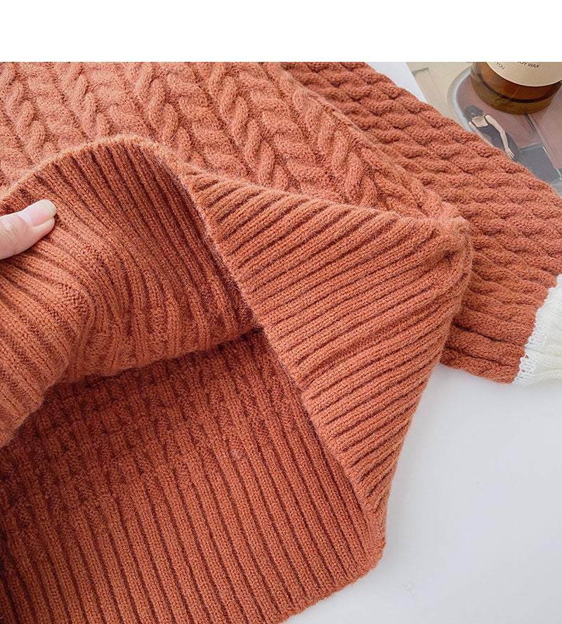 Loose and lazy wind twist sweater color contrast Lapel top  6095
