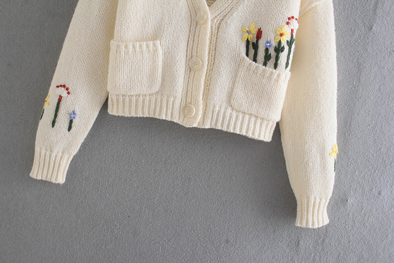 French Sweet V-Neck Langarm Blumen Jacquard Pullover Strickmantel 7355