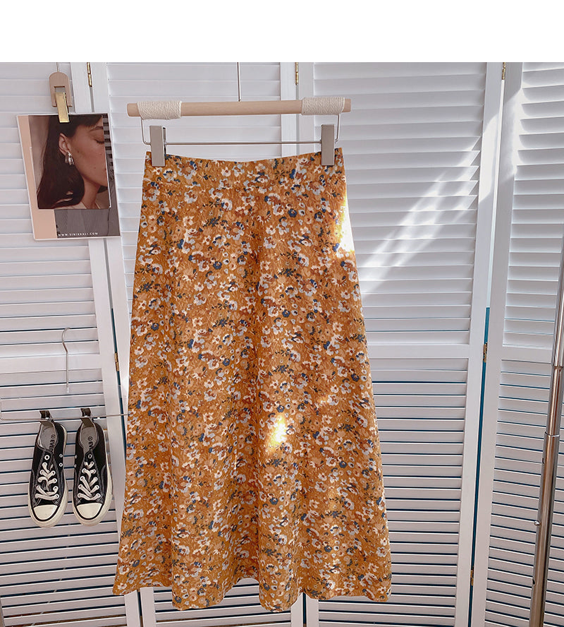 Sweet high waist floral mid length skirt design  5800