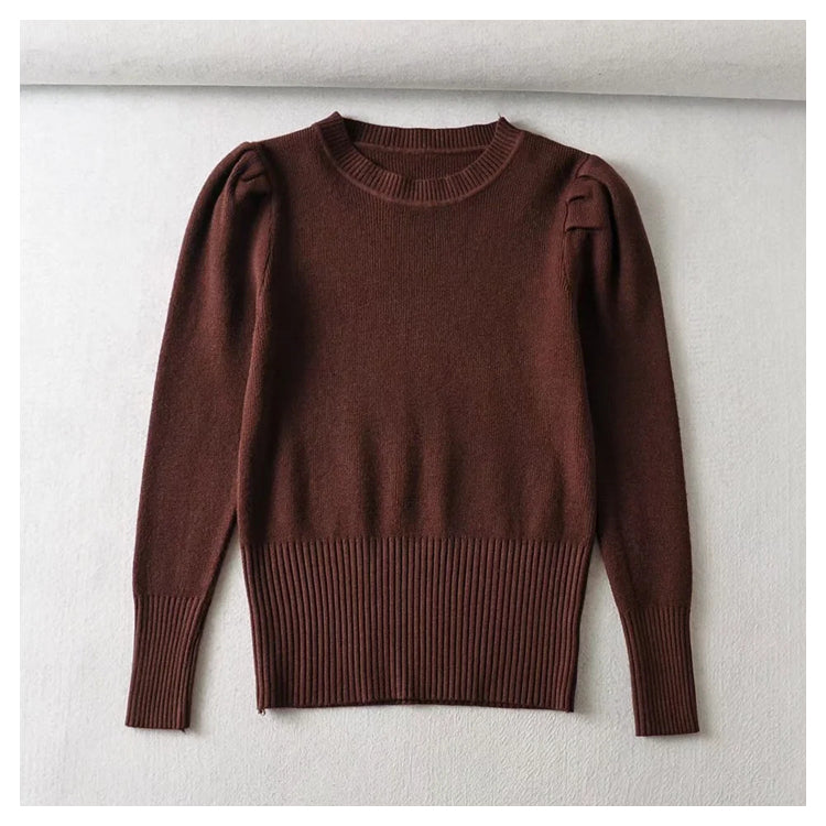Round neck bubble sleeve elastic slim knit sweater  7444