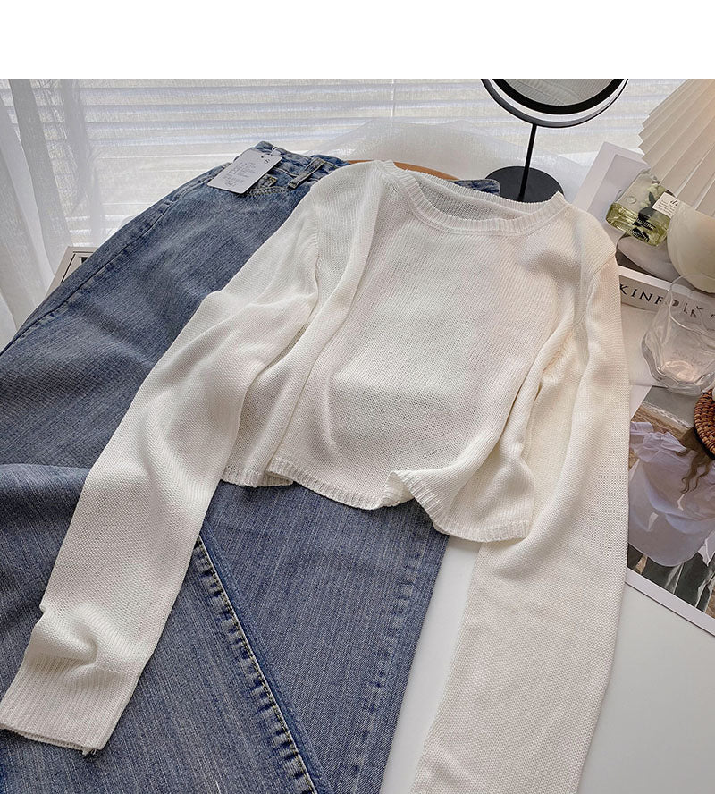 Lässiges einfarbiges kurzes Pullover Langarm T-Shirt 6504