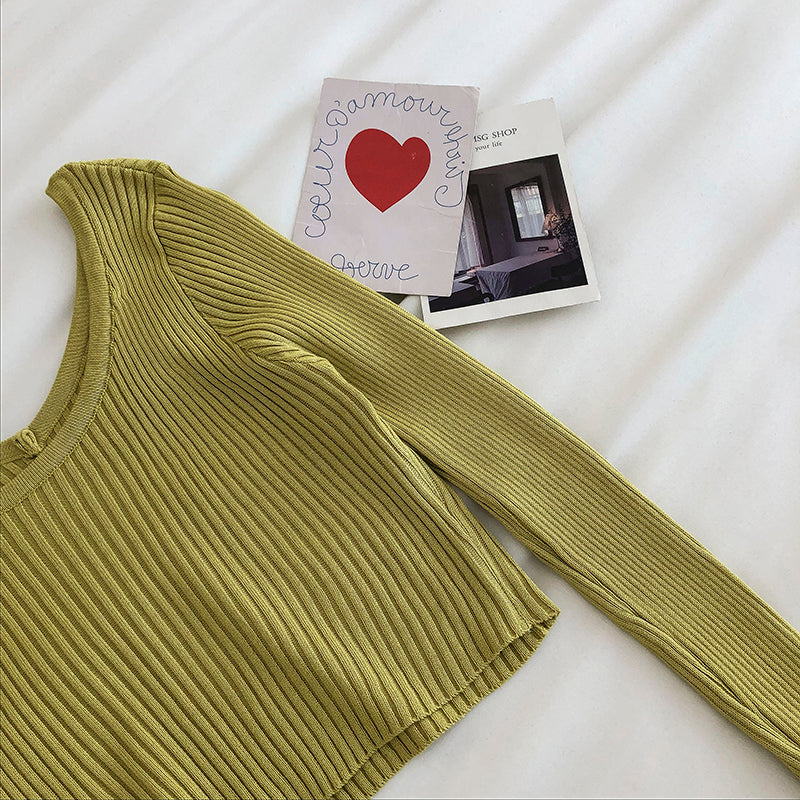 Solid color two wear long sleeve leaky clavicle sweater  6463
