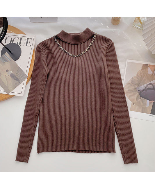 Design Sense Strickware Slim Stehkragen Kette Langarm Top 6596