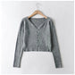 V-neck waist with exposed navel and long sleeve knitted cardigan  7229