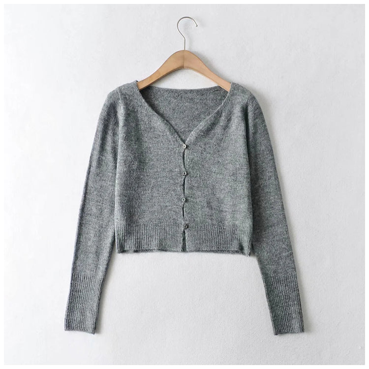 V-neck waist with exposed navel and long sleeve knitted cardigan  7229