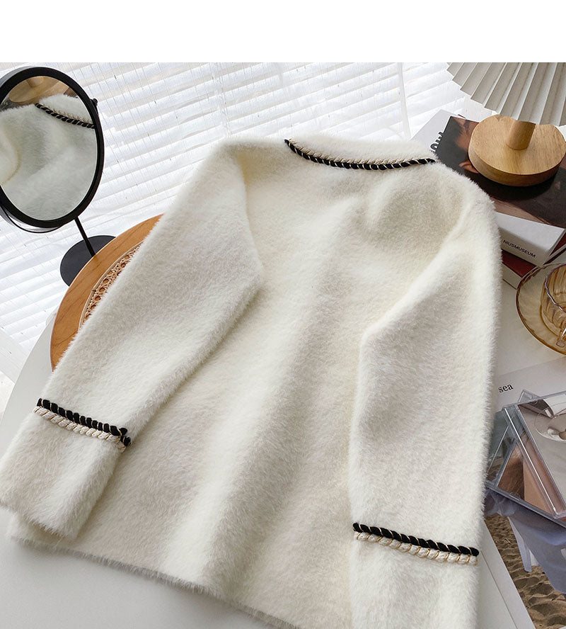 Small fragrance twist color matching long sleeve loose top  6022