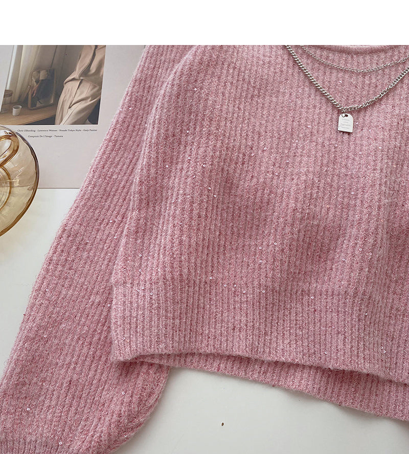 Vintage design chain round neck Pullover long sleeve Sequin Knitted Top  6010