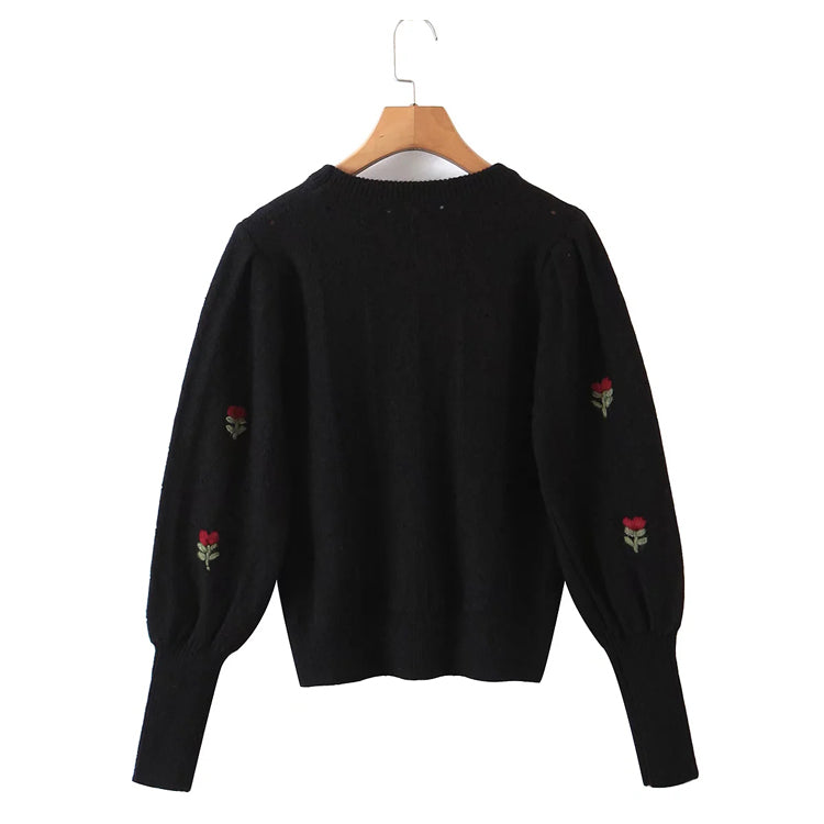Lazy wind retro Flower Embroidered round neck Pullover Sweater  7328