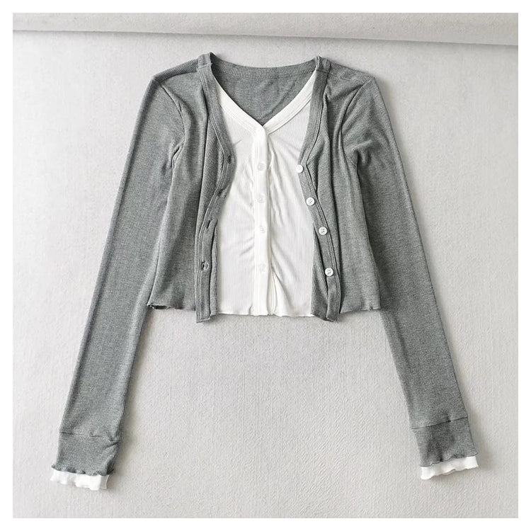 V-neck stretch slim short knit cardigan  7387