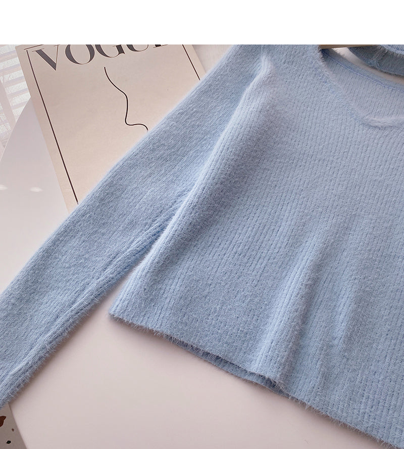 Imitation mink pure color sweater hollow neck top  6061