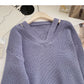 Design sense personalized V-neck hollowed out long sleeve thin loose top  6054