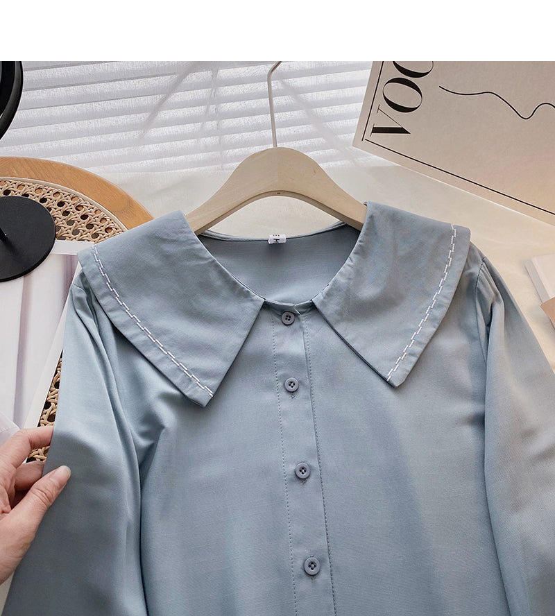 Solid color baby collar shirt long sleeve single breasted top  6422