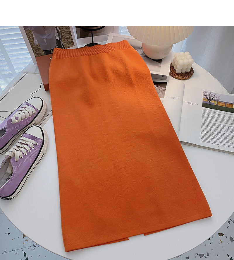 Dünner A-förmiger, mittlerer und langer Rock mit hoher Taille im Hongkong-Stil 5770 