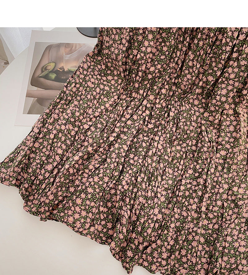 Hong Kong style retro floral high waist elastic A-shaped large swing skirt  5738