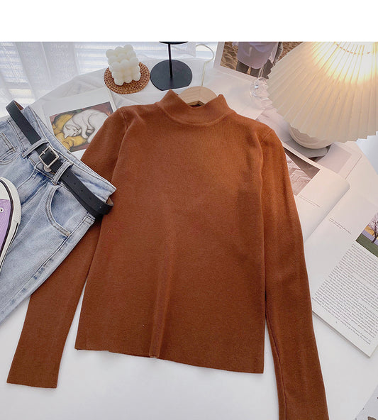 Pull à col montant simple et polyvalent de couleur unie à manches longues Haut tricoté 6655