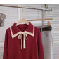 Aging retro contrast Lapel strap flare sleeve top  6673