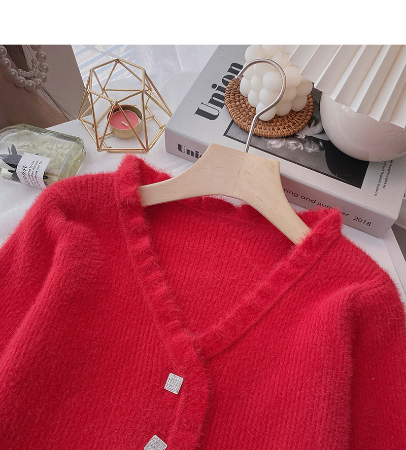 Gentle retro temperament V-neck short slim top cardigan  6153