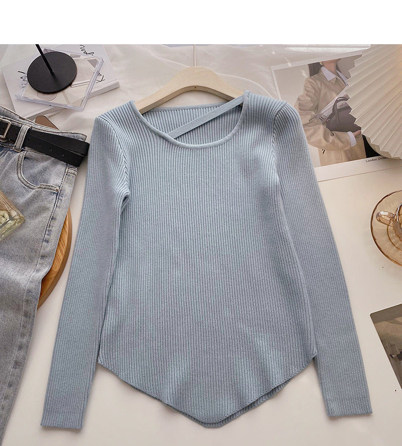 Design sense crew neck T-shirt solid color versatile long sleeve bottoming shirt  6693