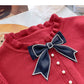 Koreanisches Schleifen-Rundhals-Design Retro-Nagelperlen-Spitzen-Langarm-Top 6038