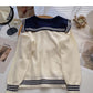 Contrast lace up Navy neck sweater female  6075