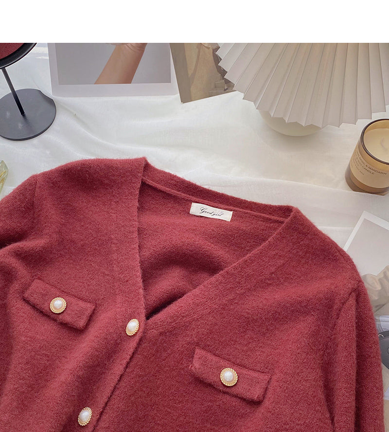 Single breasted V-neck Vintage sweater cardigan female  6013