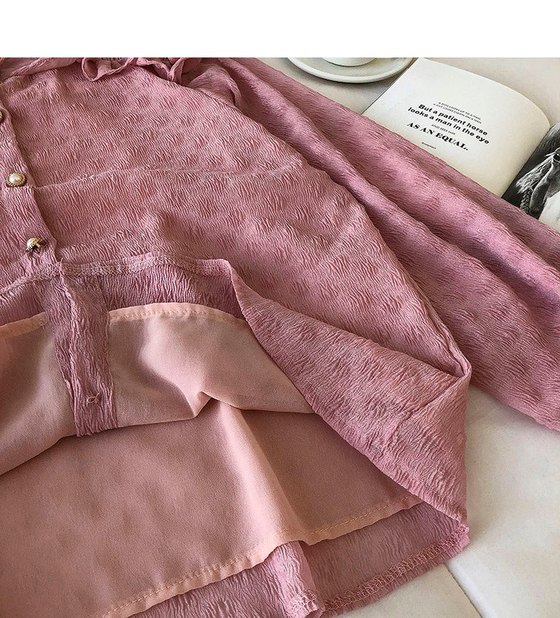 Round neck single breasted chiffon blouse with fungus edge  6258