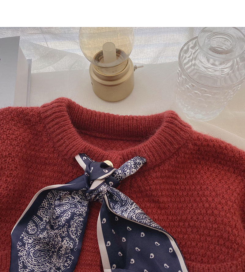 Small retro Silk Scarf Lace up round neck design top  5853