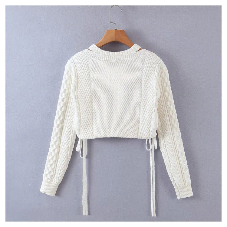 Süßer, langärmliger Strickpullover mit zwei ausgehöhlten Schlüsselbeinen 7164