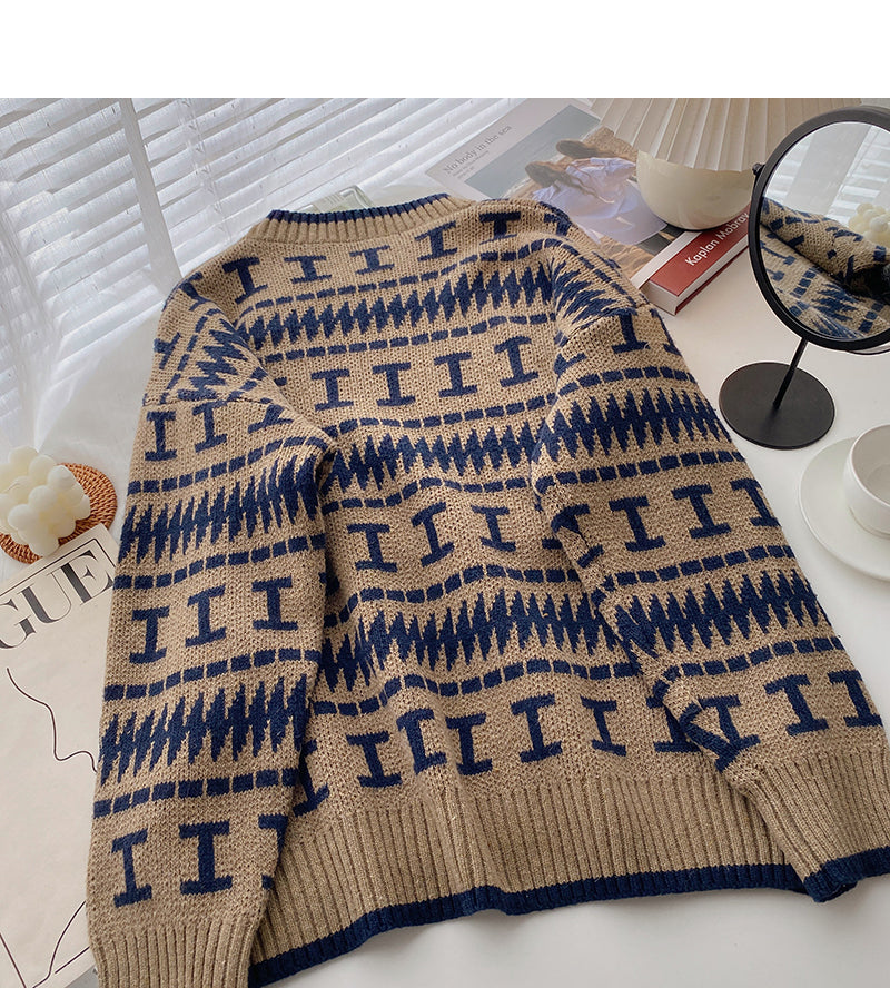 Lazy Hong Kong retro contrast color round neck long sleeve loose top  5963