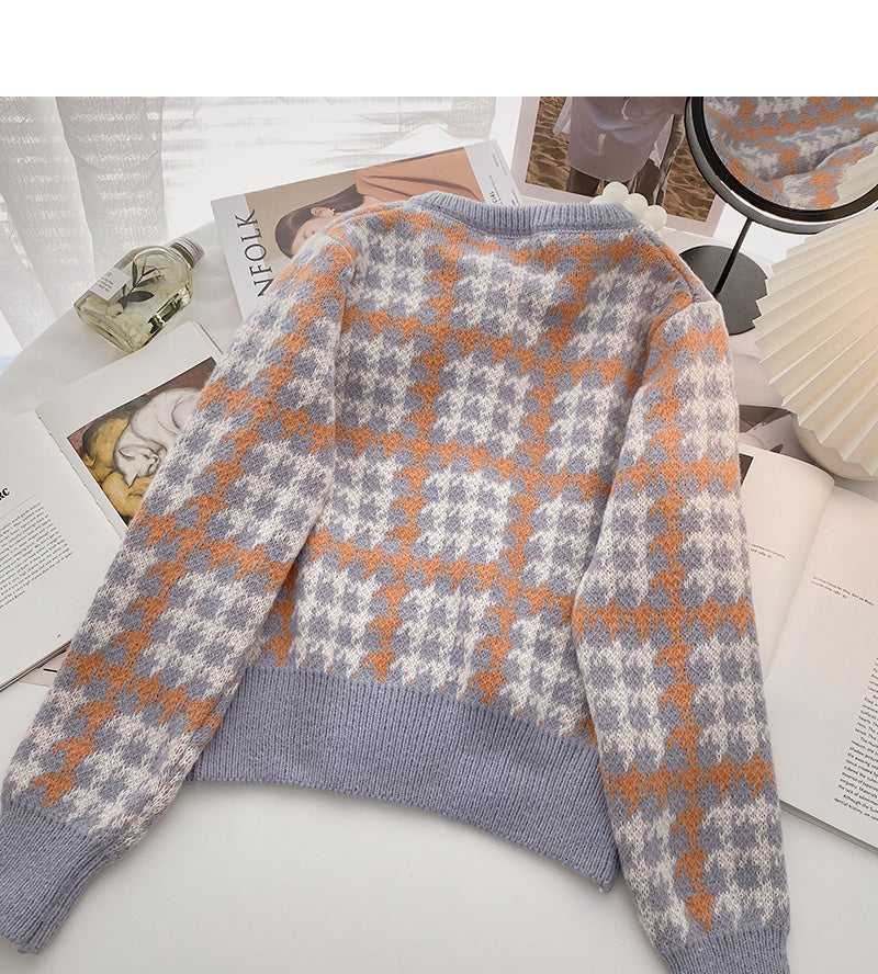Small fragrance retro color matching thousand bird lattice long sleeve top  5942