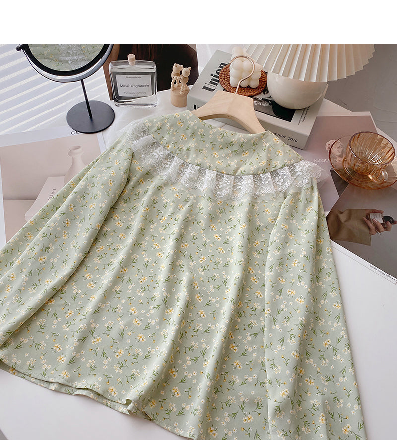 Lace lace up baby collar Floral Shirt  6371