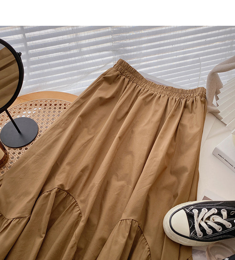 Versatile fashion solid high waist A-shaped medium length skirt  5814