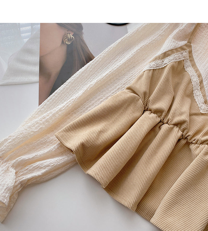 Vintage shirt with thin waist stitching fake two tops  6387