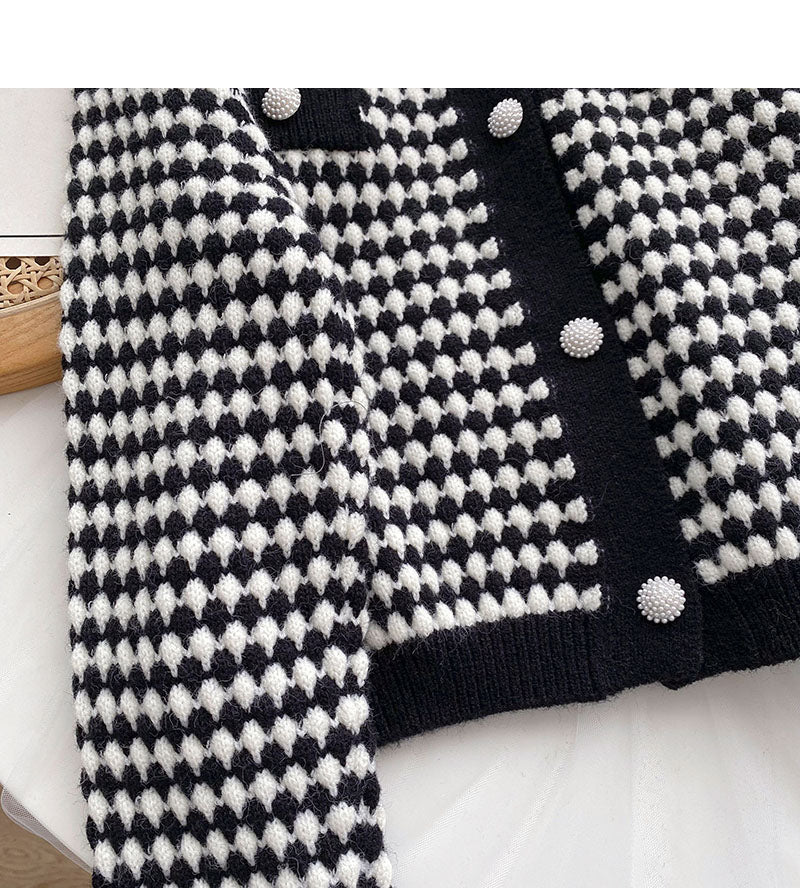 Vintage Round Neck Bird check top cardigan  6102