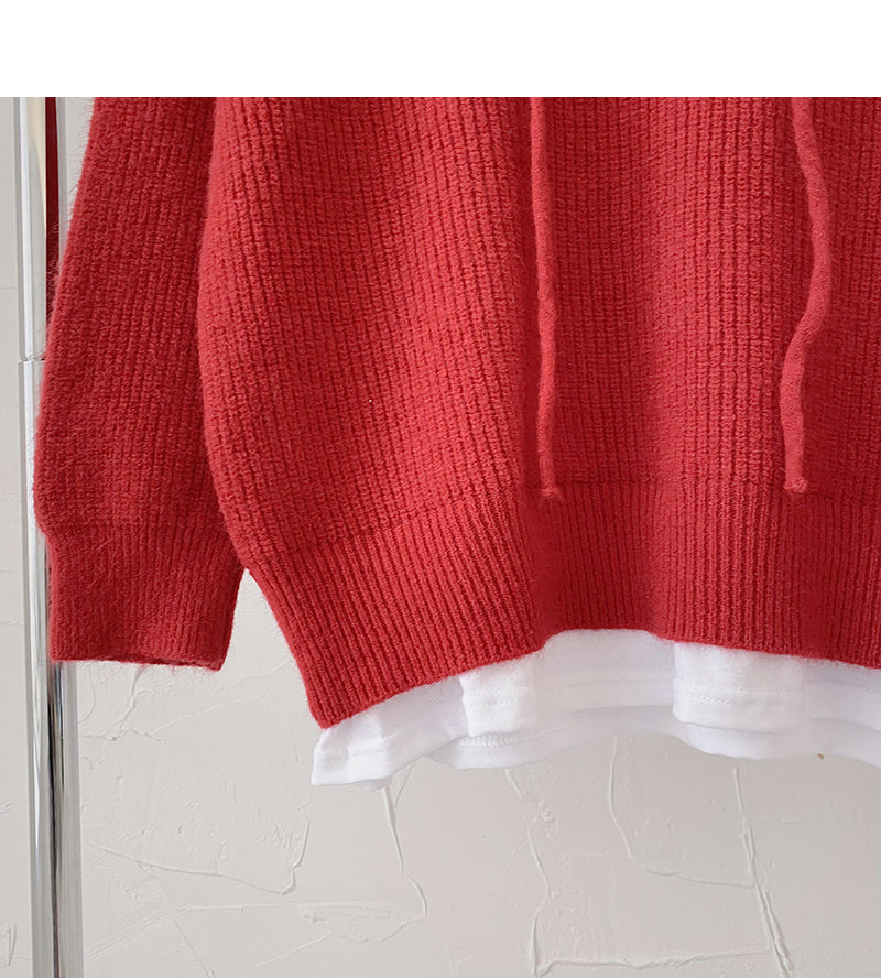 Pull femme style paresseux rétro ample à manches longues à capuche faux haut deux pièces 6197