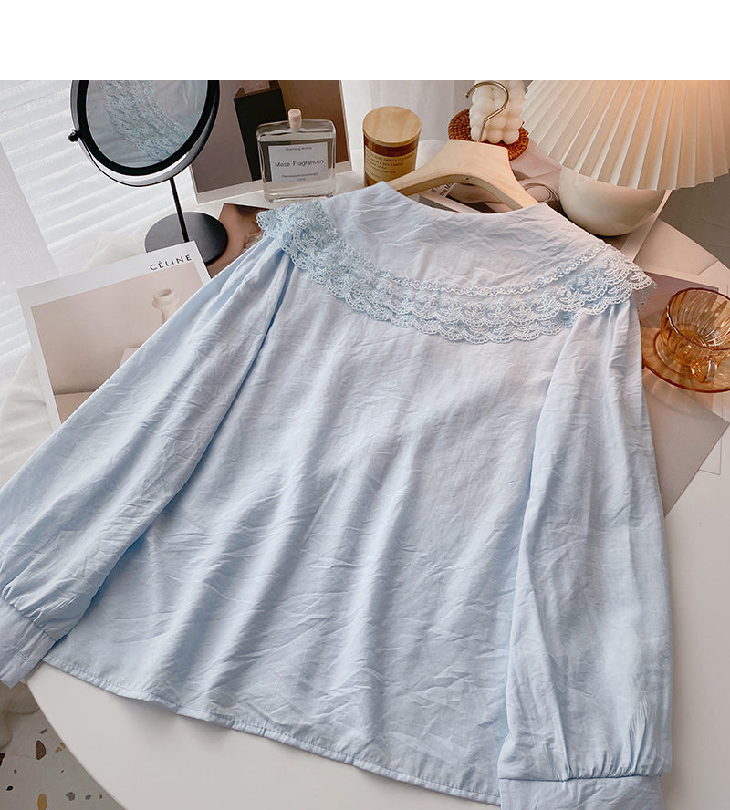 Baby collar lace edge solid color shirt slim long sleeve top  6385