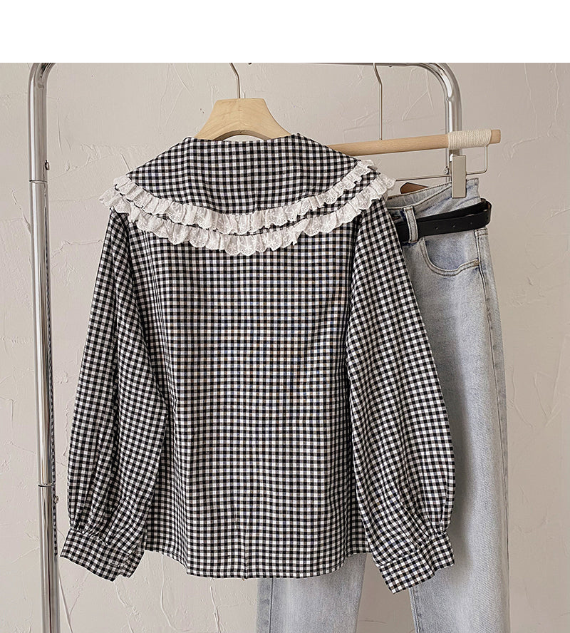 Chemise à col bébé en dentelle version coréenne haut simple boutonnage mince et de style étranger 6435
