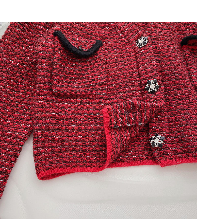 Small fragrance retro red sweater cardigan female  6126