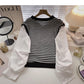 Contrast stripe V-Neck long sleeve shirt  6315