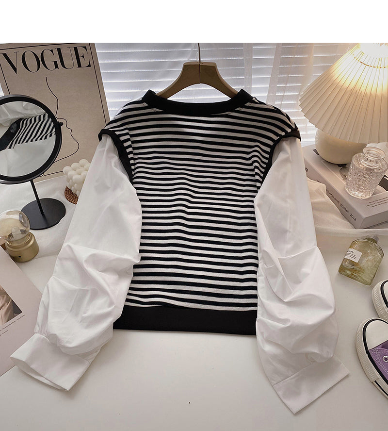Contrast stripe V-Neck long sleeve shirt  6315