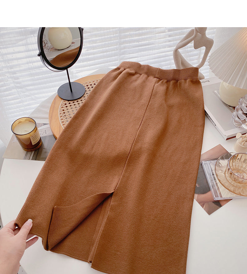 Leisure port style solid high waist button split A-line skirt  5804