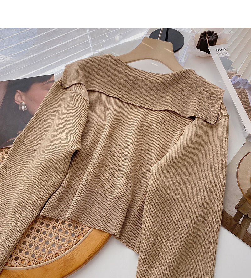 Navy collar temperament solid color sweater women  6133