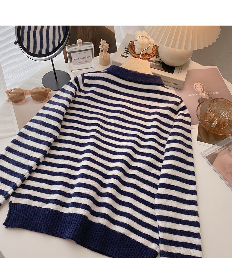 Long Sleeve Striped Sweater Lapel top  6458