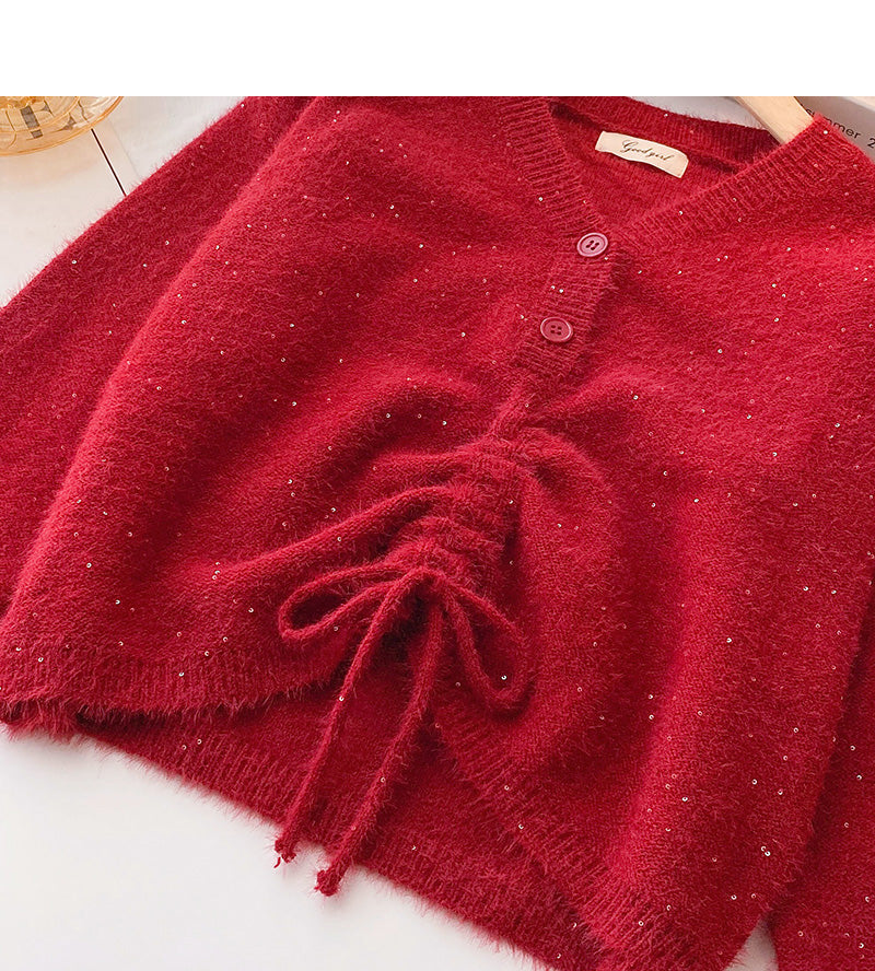 Korean fashionable temperament drawstring slim long sleeve top  6056