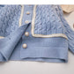 Vintage pearl buckle design sense hemp short long sleeve top  5856