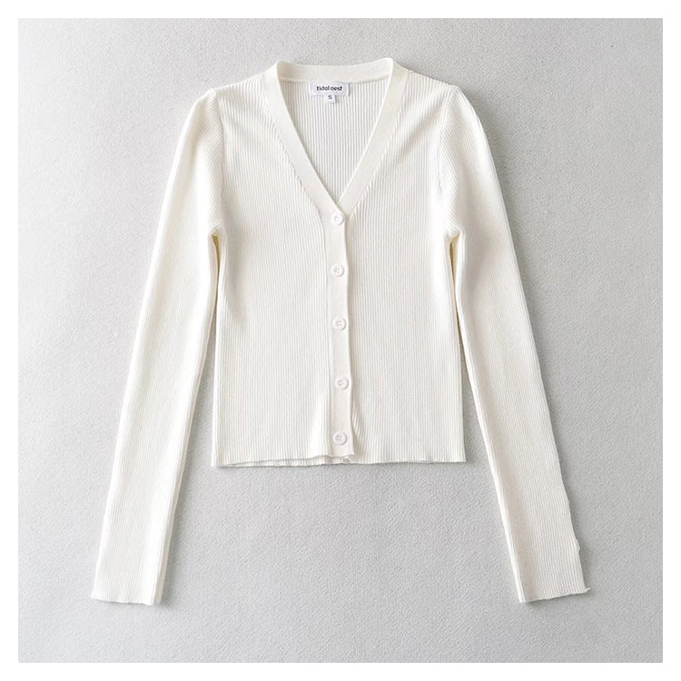 V-neck single breasted high waist open navel knitted cardigan  7385